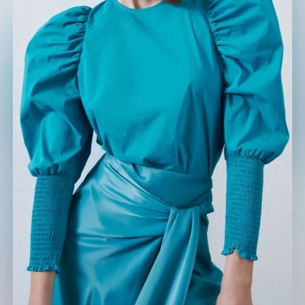 Zara Puff Sleeve Blouse Turquoise Size XS - Picture 1 of 6